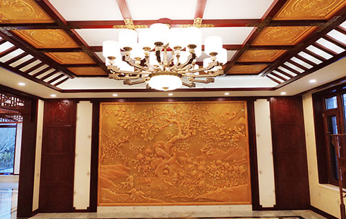 肇庆中式别墅客厅中式木作横梁吊顶装饰展示