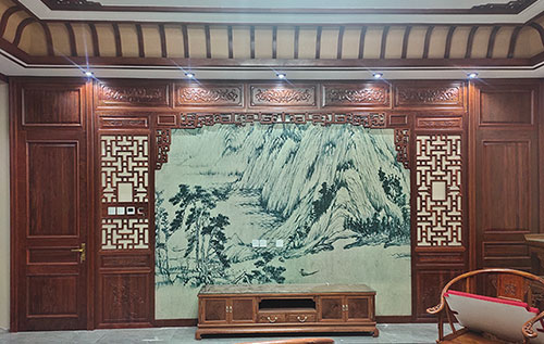 肇庆中式仿古别墅客厅背景墙花格木作装饰